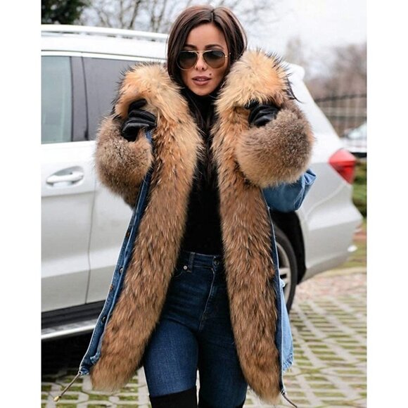 🆕 Hooded Fur Lined Warm Coat Jean Parka Outwear Winter Long Trench Jacket NWT - Picture 5 of 9